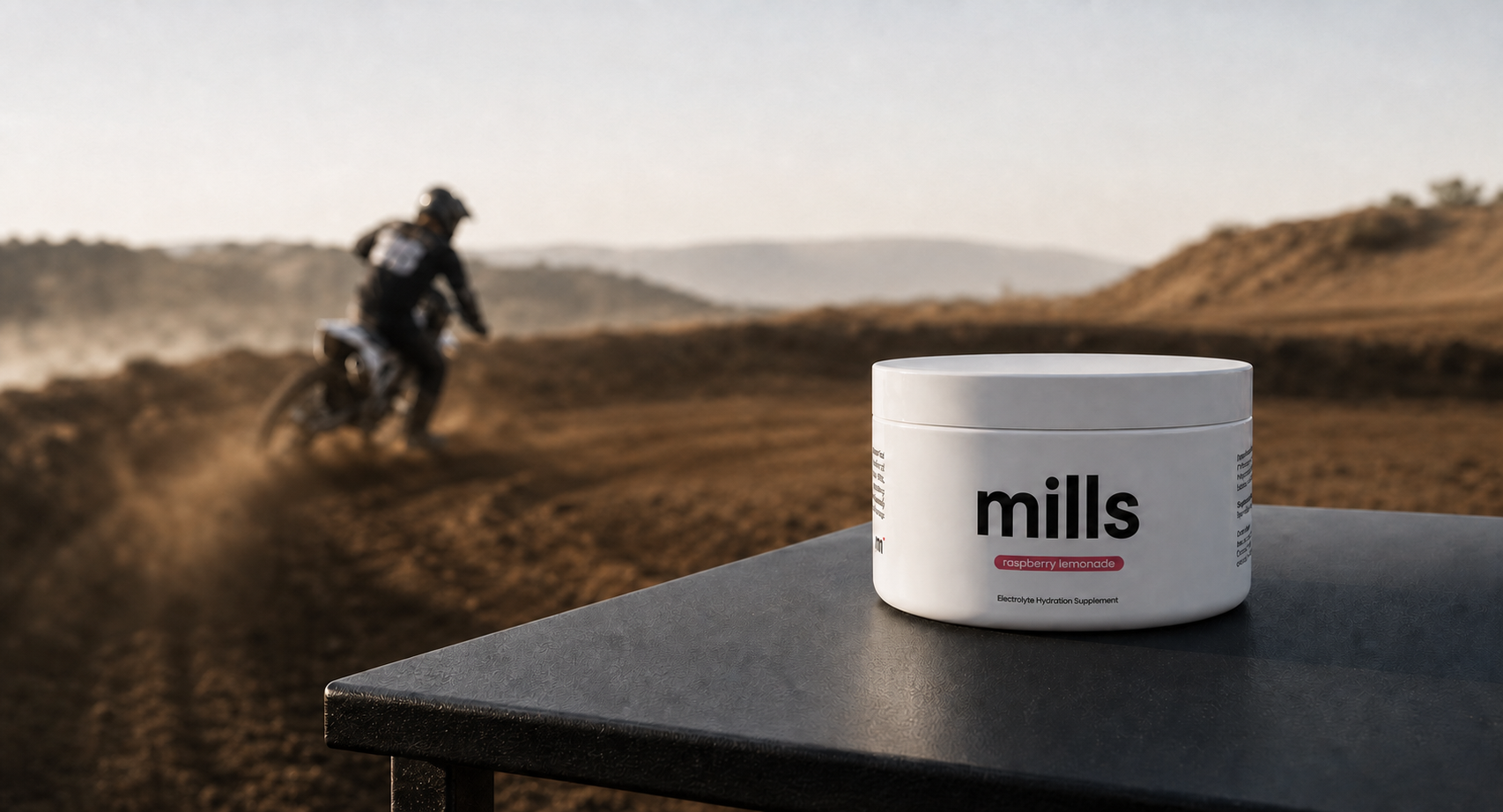 Mills Raspberry Lemonade electrolyte tub trackside at a motocross course